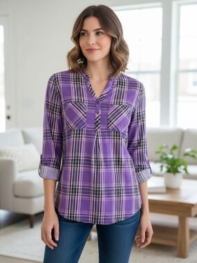 Weatherproof Purple Plaid Henley Tunic